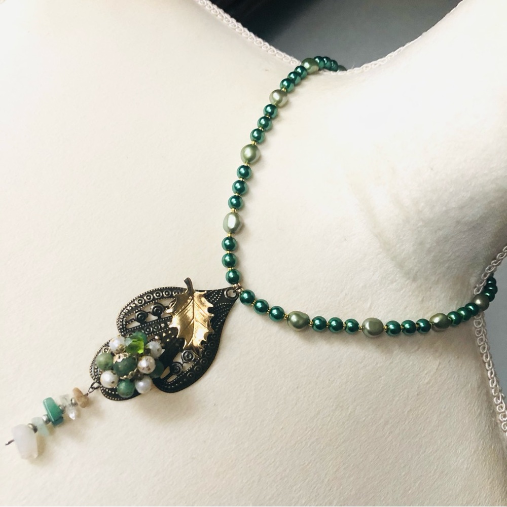 Handcrafted repurpose sage freshwater brass pendant Czech glass Pearl necklace
